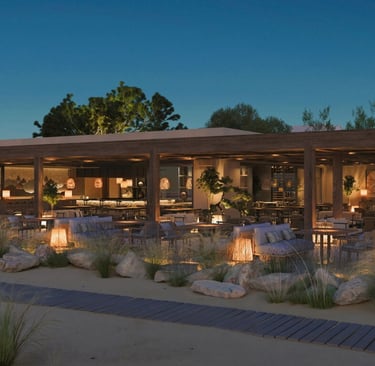 Luxury Ikos Kissamos resort lounge with modern wooden architecture and illuminated outdoor seating.
