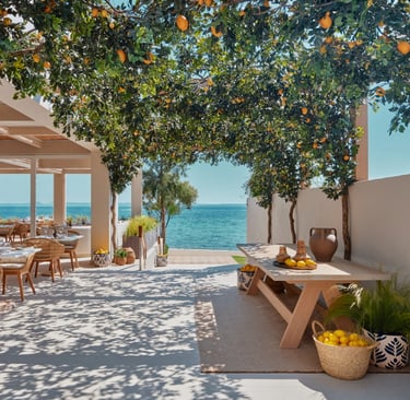 Luxury outdoor Mediterranean restaurant terrace with lemon trees, wicker chairs, and ocean views.
