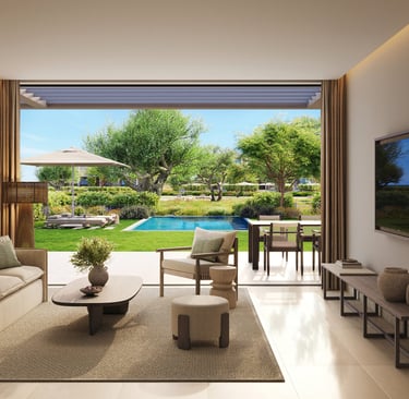 Modern luxury living room opening to a private patio with a swimming pool and lush garden view.
