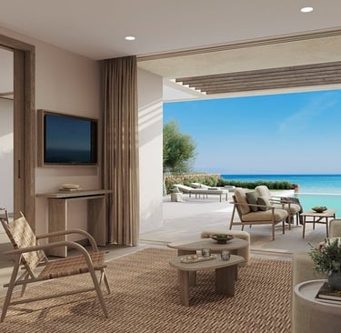 Luxury beachfront hotel suite with modern interior design, private terrace, and ocean views.