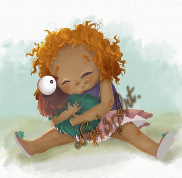 Curly ginger girl hugging a chick rooster. Digital painting, hand drawn, children book illustration.