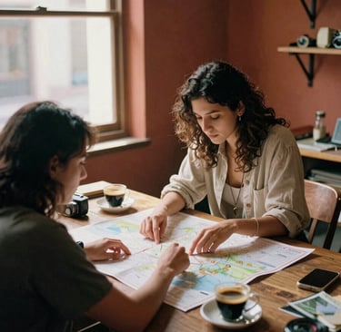 Dos viajeros planeando un viaje con un mapa de papel y un café en la mesa de una cafetería.