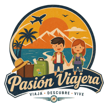  Vintage travel logo Pasión Viajera featuring a couple with backpacks and luggage at a beach resort.