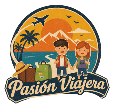 Ilustración de viaje estilo vintage de una pareja con maletas en la playa con texto "Pasión Viajera"