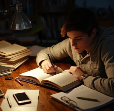 Student studying with phone face down, showing focus and reduced procrastination.
