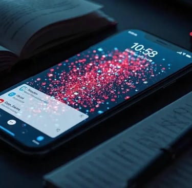 Smartphone filled with notifications beside unused notebook, showing digital distraction.