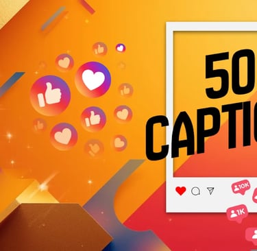 Vibrant Instagram-themed graphic showing 50 captions with likes and heart icons for social media.