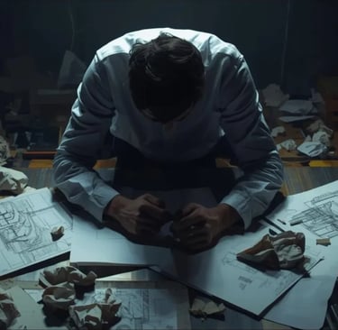 Person surrounded by crumpled papers, symbolizing perfectionism causing delay.