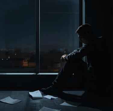 Person thinking deeply by window at night, representing self-doubt and overthinking.