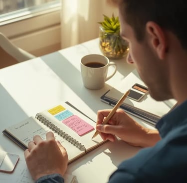 Notebook with goals on clean desk showing steps to build motivation.