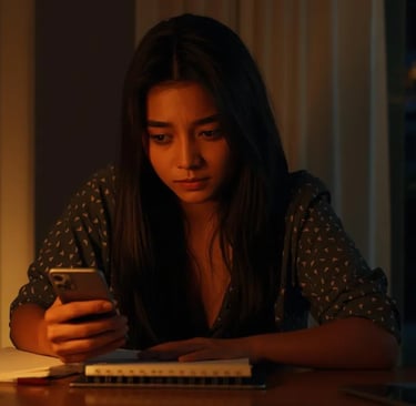 Person distracted by phone at desk, symbolizing procrastination and delayed action.