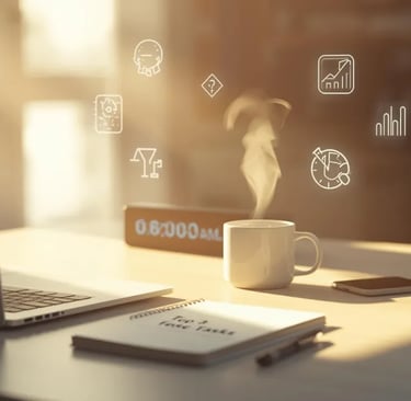 Minimal workspace with laptop, 9 AM clock, coffee mug, and ‘Top 3 Tasks’ notebook.