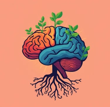 Brain sprouting leaves symbolizing growth mindset and learning, bright modern motivational design.