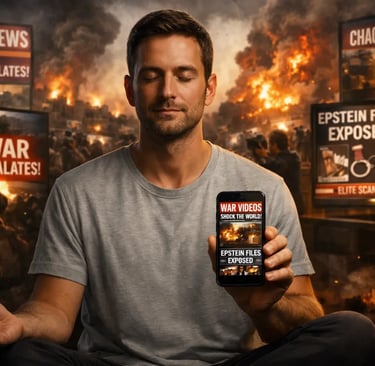 Person staying calm while scrolling war news and Epstein files content on social media.