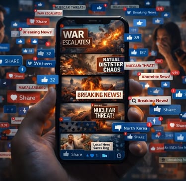 Smartphone showing viral war news and Epstein files headlines spreading across social media.
