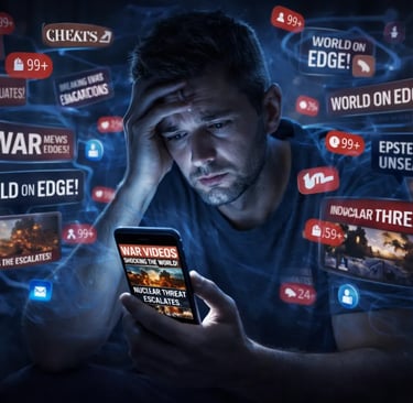 Person overwhelmed by war videos and Epstein files news on social media feed.