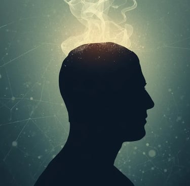 Thunder Motivation silhouette of a person with glowing brain energy rising in abstract background