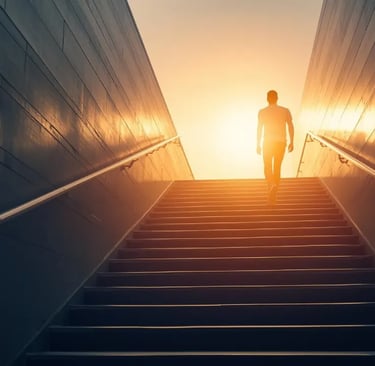 Person climbing stairs towards sunrise symbolizing motivation and progress.