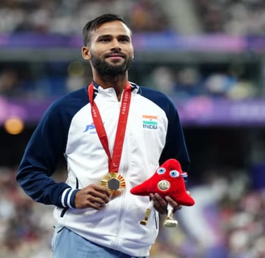 Praveen Kumar, Indian Paralympic high jumper training with strength and determination.