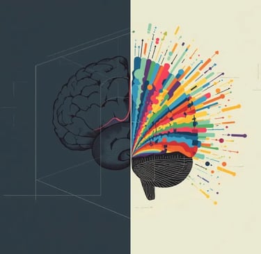 Split brain showing fixed mindset dark side vs growth mindset bright side in infographic style.