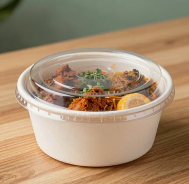 A close-up shot of a pristine, modern eco-friendly paper bowl filled with fresh Indian food, sealed with a clear leak-proof lid, sitting on a natural wooden tabletop. Clean, hygienic presentation, bright studio lighting, subtle green accents, South Asian / Indian context.