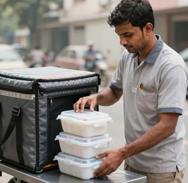 A delivery rider wearing a clean uniform in Patna, Bihar, carefully placing secure, modern leak-proof food containers into an insulated delivery bag. Soft daytime lighting, clean professional setting showing reliable food logistics with a South Asian / Indian worker.