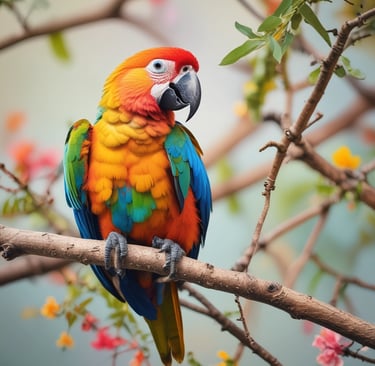 A curious parrot perched freely on a natural wooden stand with a camera nearby.