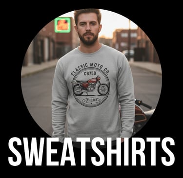 a man wearing a sweatshirt and a sweatshirtie with a motorcycle