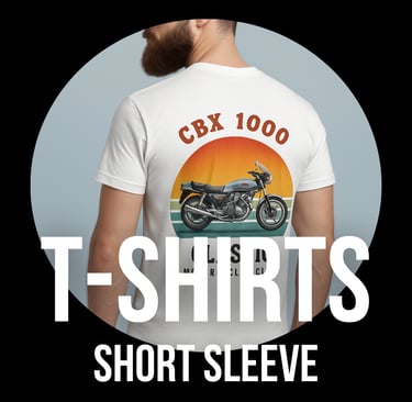 mand wearing a short sleeve t-shirts with a honda cbx1000 design on the back