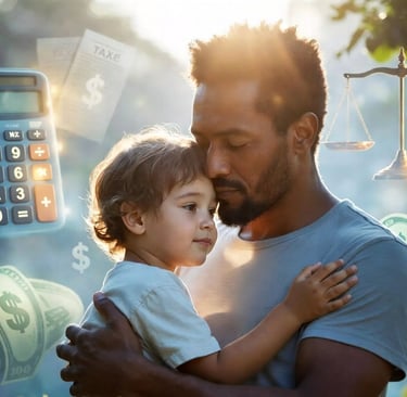 A loving father embracing his child amid calculators and tax documents