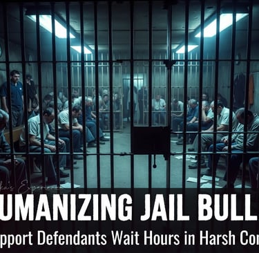 Dehumanizing jail bullpen where child support defendants wait hours in harsh conditions before seein
