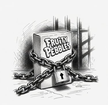 fruity pebbles cereal is chained - representing one inmates attempt to get a box of cocoa pebbles