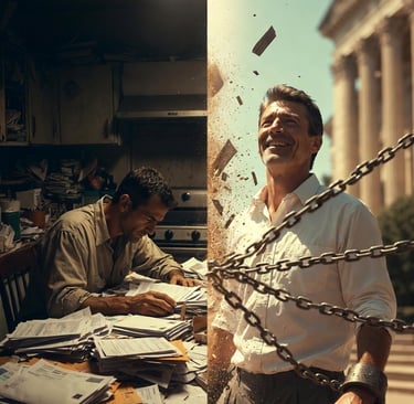 Man breaking free from child support paperwork and chains while requesting a modification