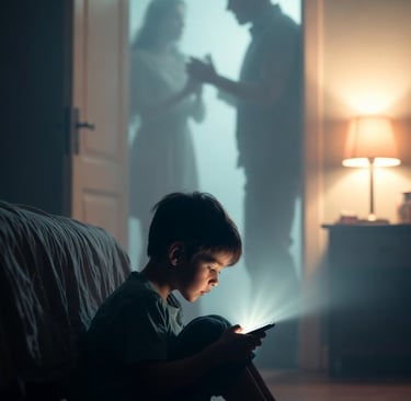 A quiet, emotional scene of a young child (around 8–10 years old) sitting on the floor in a dimly li