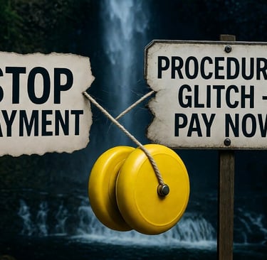 Stop Payment sign and procedure glitch sign being yo-yoed back and forth