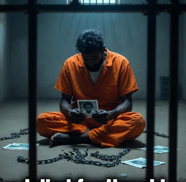 A father jailed for unpaid child support sits on a jail cell floor staring at a photo of his child