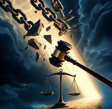iron chains falling away from a wooden gavel
