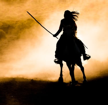 Silhouette of a young lady riding a horse through golden dust at sunset.