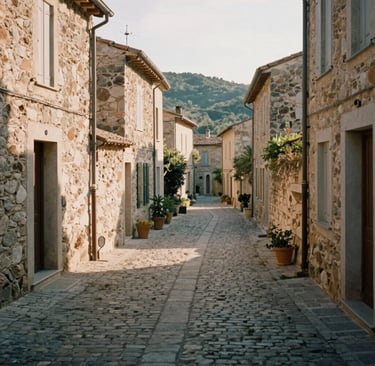 A narrow cobblestone street lined with traditional stone houses in a sunlit provencal village.