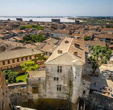Aerial view of the medieval fortified city of Aigues-Mortes in France with stone walls and salt marshes.