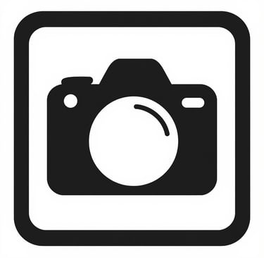 Black and white minimalist camera icon inside a rounded square border for digital photography.