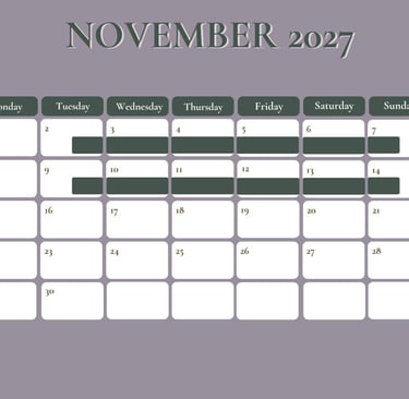 A November 2027 monthly calendar planner with a minimalist purple background and dark green accents.