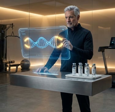 man standing watching DNA on  a screen