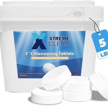 A 5lb bucket of Xtreme Clear 3-inch slow dissolving chlorinating tablets for swimming pool sanitization.