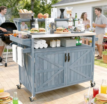 Rustic blue outdoor kitchen prep station with stainless steel top at a backyard BBQ party.