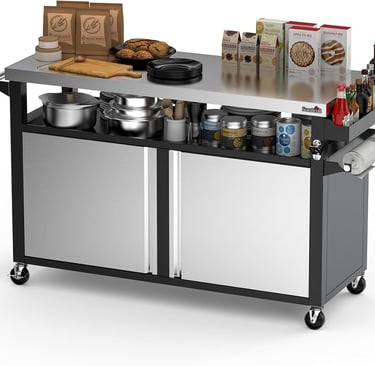 Rolling stainless steel kitchen cart with storage cabinets, shelves, and side spice rack organizer.