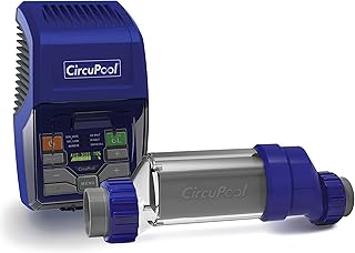 CircuPool saltwater pool chlorinator system with blue digital control box and clear electrolytic cell.
