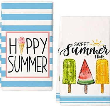Set of two summer kitchen towels featuring blue stripes, ice cream, and colorful fruit popsicles.