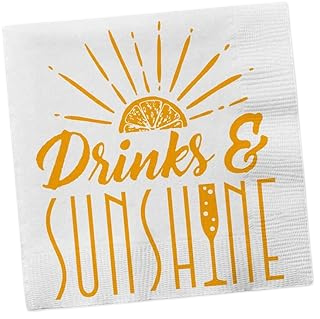 White cocktail napkin featuring orange text that reads Drinks and Sunshine with a sun and orange slice icon.