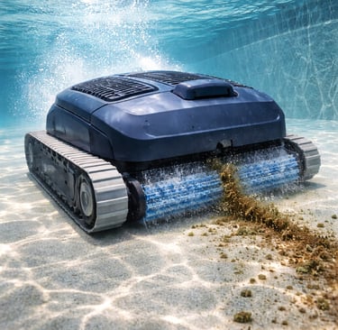 Automatic robotic pool cleaner scrubbing debris and algae from a swimming pool floor underwater.
